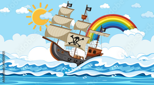 Ocean scene at day time with Pirate ship in cartoon style