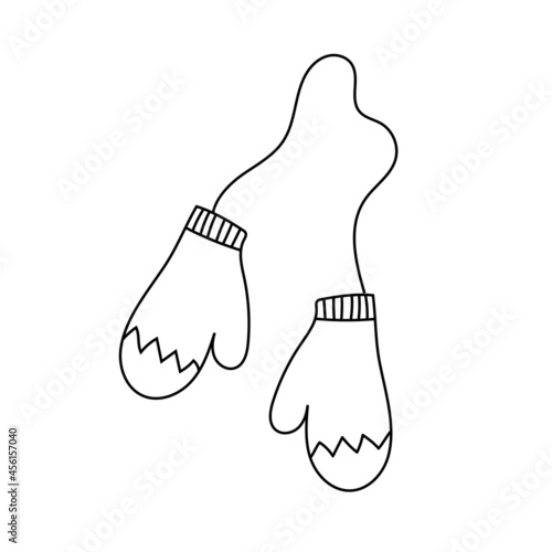 Winter mittens on a rope in the doodle style. Vector illustration isolated on a white background. Perfect for a postcard, sticker, coloring book or as a label for a knitted product