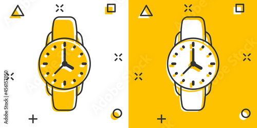 Wrist watch icon in comic style. Hand clock cartoon vector illustration on white isolated background. Time bracelet splash effect business concept.