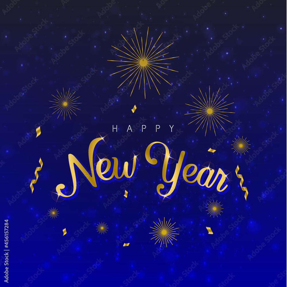 Happy New year blue background with confetti and galaxy vector stock sign illustration