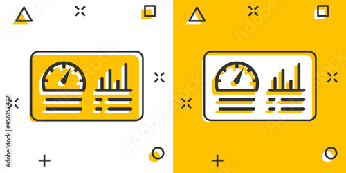 Dashboard icon in comic style. Finance analyzer cartoon vector illustration on white isolated background. Performance algorithm splash effect business concept.
