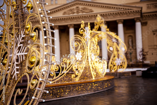 Christmas Moscow. Winter holidays in Russia. Illumination in front of Bolshoi Theater. Christmas illumination streets of Moscow. Russian sights in new year. Christmas celebrations in capital Russia.