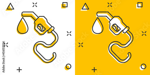Fuel pump icon in comic style. Gas station cartoon sign vector illustration on white isolated background. Petrol splash effect business concept.