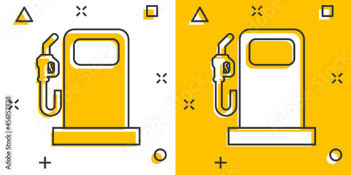 Fuel pump icon in comic style. Gas station cartoon sign vector illustration on white isolated background. Petrol splash effect business concept.
