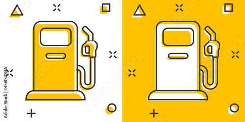 Fuel pump icon in comic style. Gas station cartoon sign vector illustration on white isolated background. Petrol splash effect business concept.