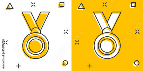 Medal icon in comic style. Prize cartoon sign vector illustration on white isolated background. Trophy award splash effect business concept.