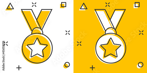 Medal icon in comic style. Prize cartoon sign vector illustration on white isolated background. Trophy award splash effect business concept.