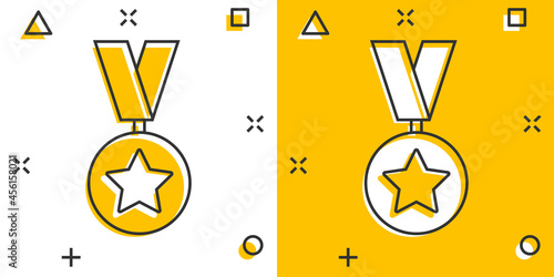 Medal icon in comic style. Prize cartoon sign vector illustration on white isolated background. Trophy award splash effect business concept.