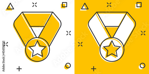 Medal icon in comic style. Prize cartoon sign vector illustration on white isolated background. Trophy award splash effect business concept.
