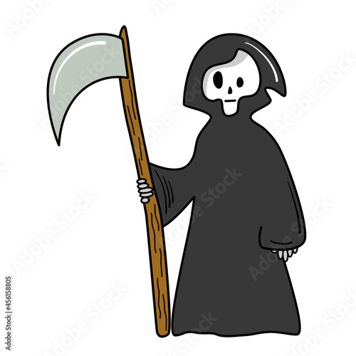 cute cartoon halloween vector card illustration with grim reaper isolated on white background