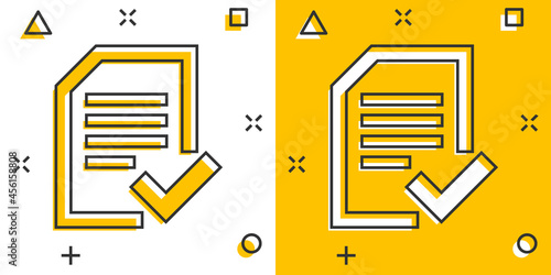 Approved document icon in comic style. Authorize cartoon vector illustration on white isolated background. Agreement check mark splash effect business concept.