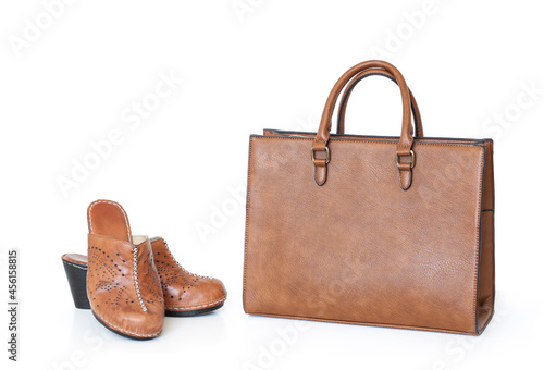 Ladies business bag, brown tote and pair of casual summer shoes, genuine leather footwear