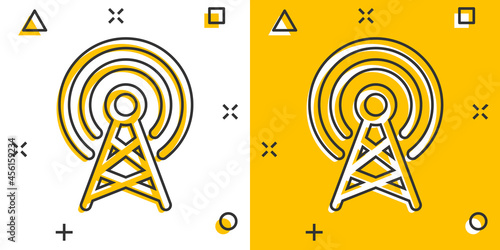 Antenna tower icon in comic style. Broadcasting cartoon vector illustration on white isolated background. Wifi splash effect business concept.