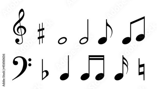 Musical notes, treble clef and bass clef for teaching musical literacy. Black symbols are zilorovana on a white background. 