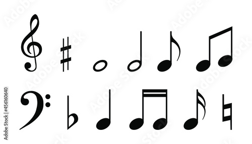 Musical notes, treble clef and bass clef for teaching musical literacy. Black symbols are zilorovana on a white background. Vector.