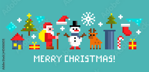 Set of pixel art christmas symbols and characters.