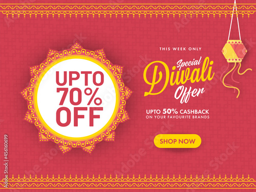 UP TO 70% Off For Diwali Sale Poster Design With Hanging Lantern In Red Color.
