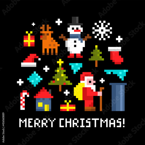 Merry christmas card with retro pixel characters on black background.