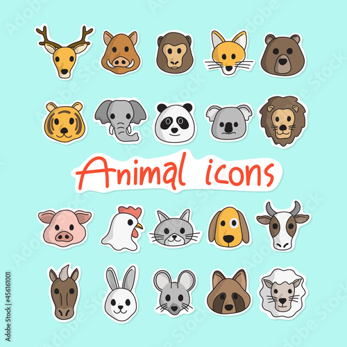 animal head icon set in sticker style vector illustration vector isolated on blue background.