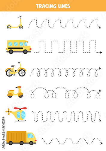 Tracing lines with cute transport. Writing practice.