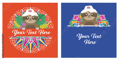 VECTOR BANNERS. Cute Sloths (osos peresozos) wearing a chonete hat with Costa Rica traditional Ox cart designs. Costa Rica National Symbol, text holder, lettering, name tag, divider, decoration