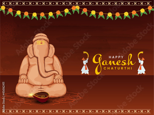 Sculpture Of Lord Ganesha Made By Soil With Lit Oil Lamp, Tutari Player Men And Floral Garland (Toran) On Brown Background For Happy Ganesh Chaturthi Concept.