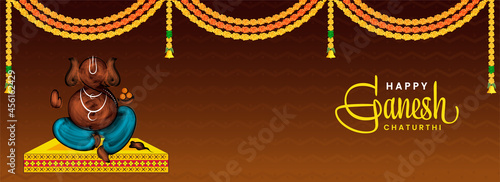 Illustration Of Lord Ganesha Statue With Rat, Floral Garland (Toran) Decorated On Brown Background For Happy Ganesh Chaturthi Concept.