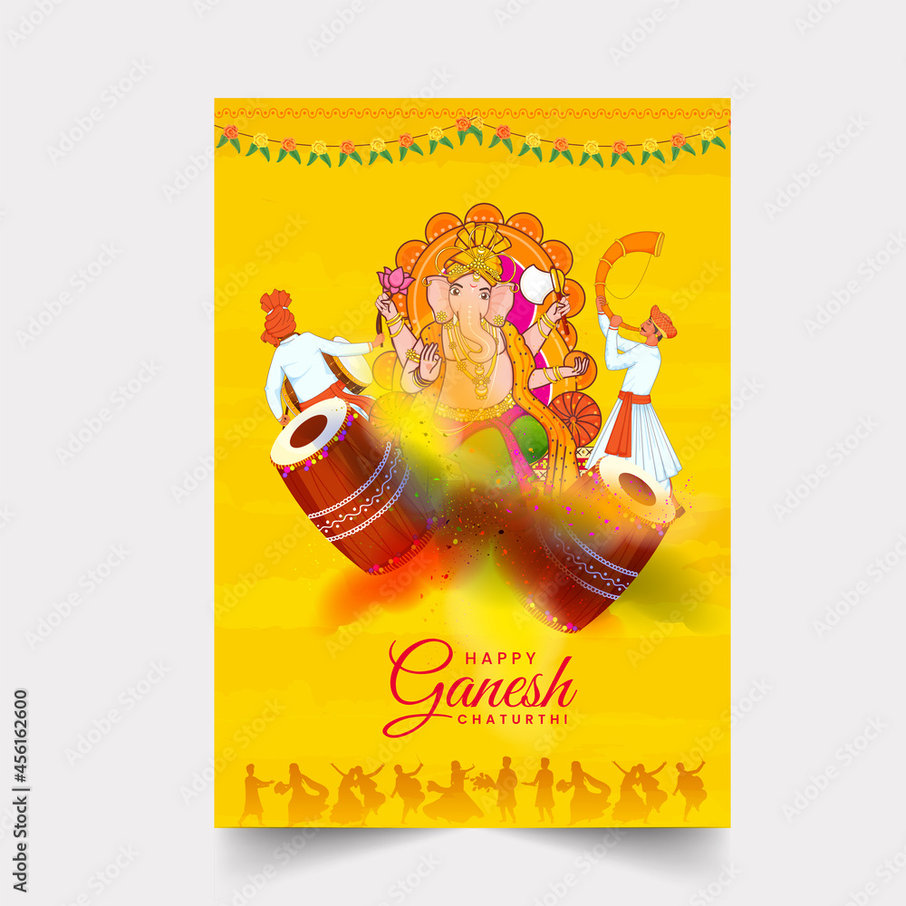 Happy Ganesh Chaturthi Flyer Design With Lord Ganesha Statue, Maharashtrian Men Playing Music Instrument On Yellow Background.