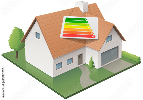 House and its energy performance label on the roof (cut out)