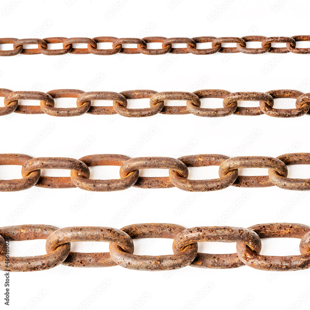 Collection of rusty metal chains on white. Old chains in different size Collection of rusty metal chains on white. Old chains in different size