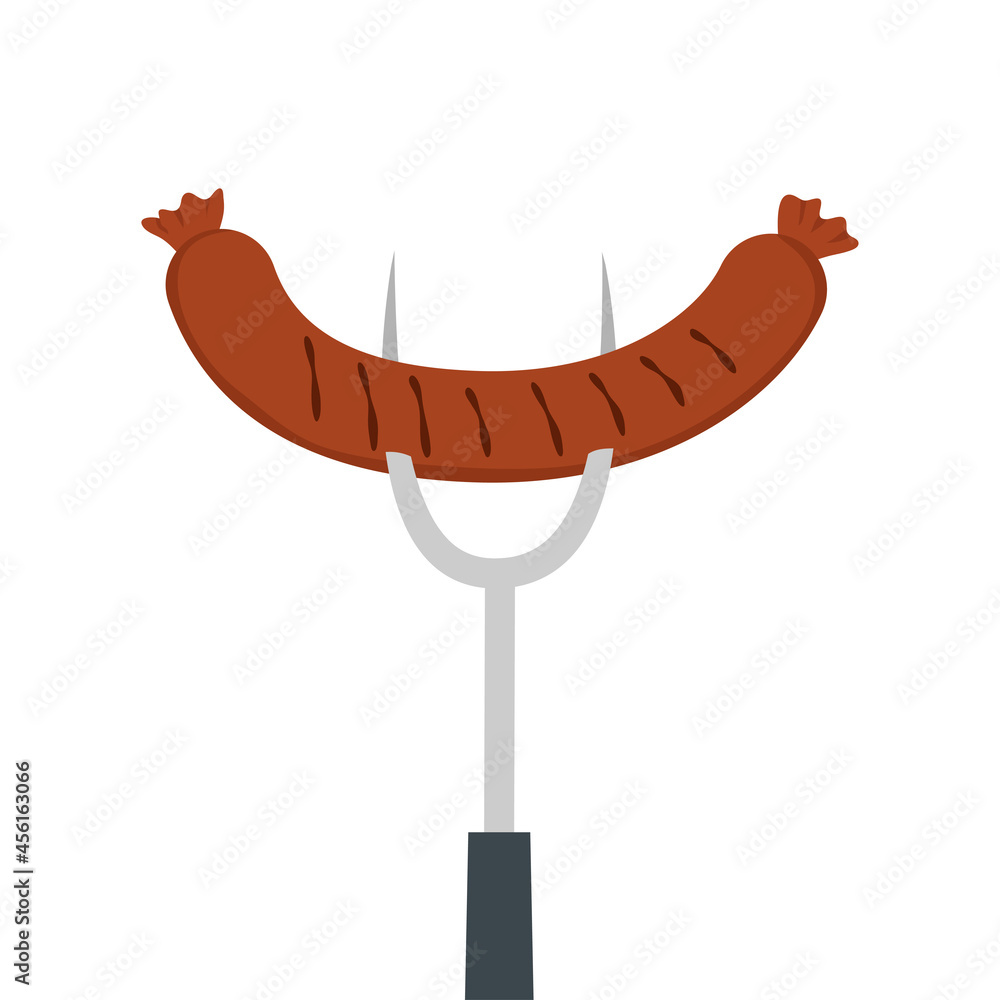Grilled sausage on fork isolated on a white background. Fast food concept. Grilled sausage on fork isolated on a white background. Fast food concept.