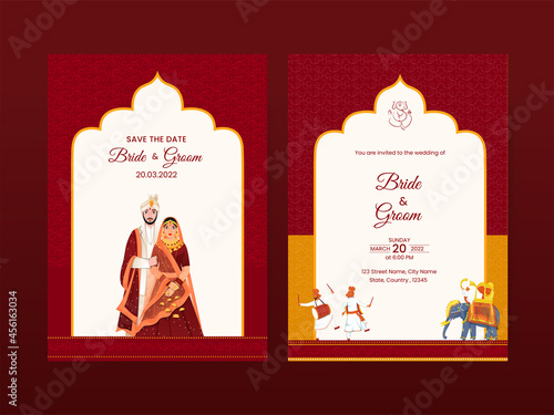 Wedding Invitation Card Template Layout With Indian Couple Character In Traditional Attire.