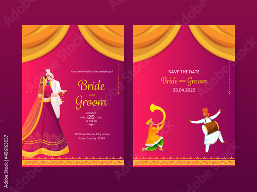 Indian Wedding Card Template Design With Event Details In Pink And Golden Color.
