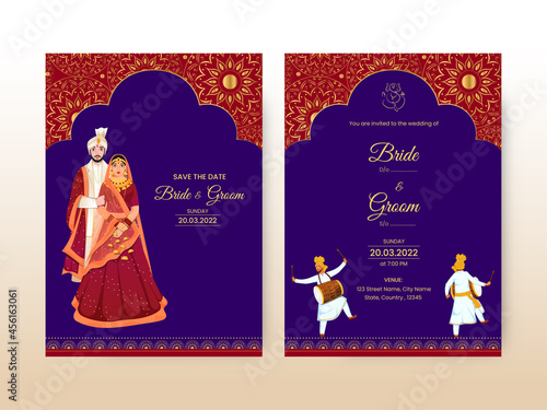 Floral Wedding Invitation Card With Indian Bridegroom Character In Front And Back View.