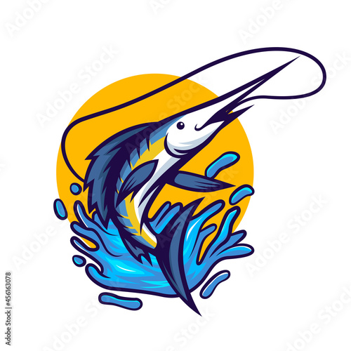 Blue marlin fish jumping out of water illustration