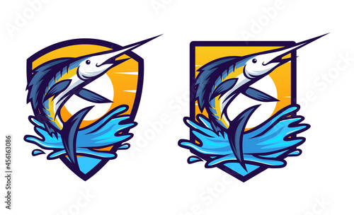 Blue marlin fish jumping badge design