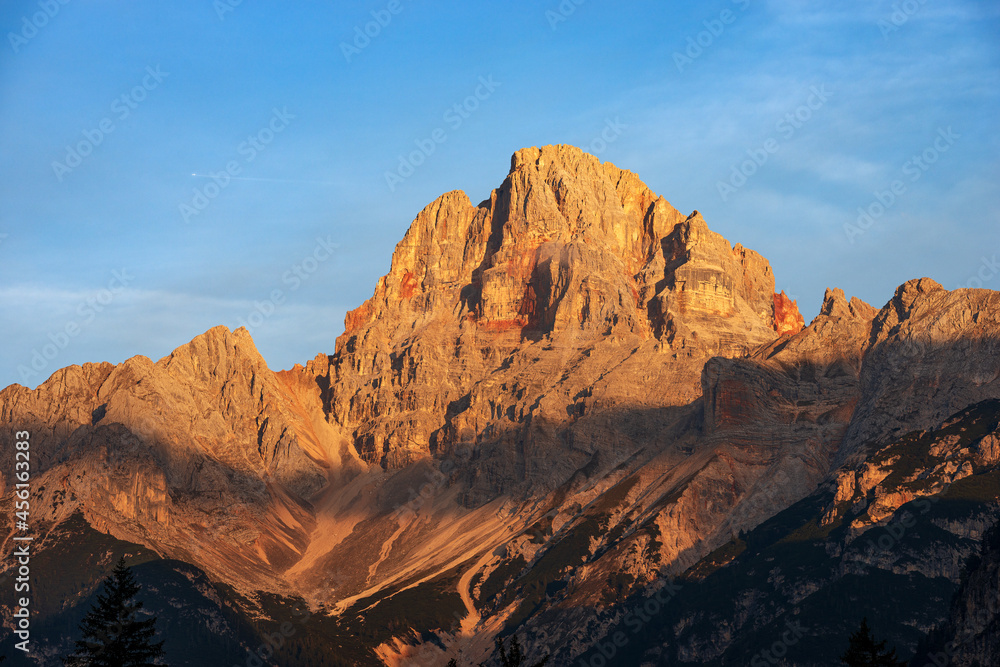 Mountain Peak of Croda Rossa D'Ampezzo or Hohe Gaisl (3146 m.) at sunrise, Dolomites, UNESCO world heritage site, Trentino-Alto Adige and Veneto, Bolzano and Belluno province, Italy, Europe. 
