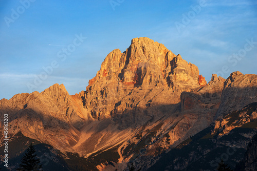 Mountain Peak of Croda Rossa D'Ampezzo or Hohe Gaisl (3146 m.) at sunrise, Dolomites, UNESCO world heritage site, Trentino-Alto Adige and Veneto, Bolzano and Belluno province, Italy, Europe.   © Alberto Masnovo