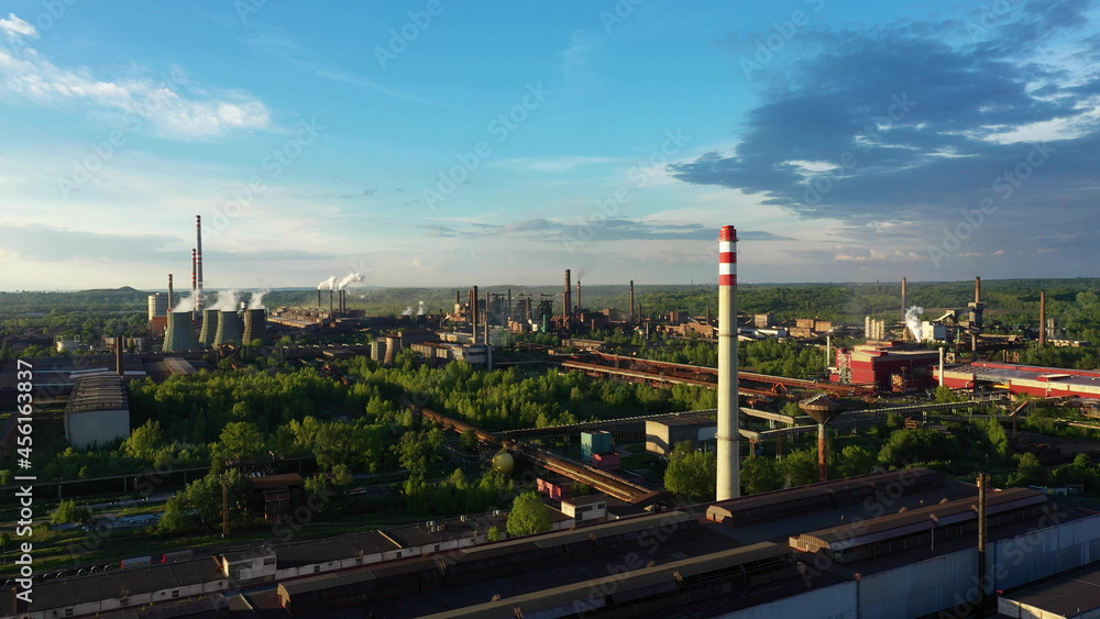 Factory metal steel drone aerial video shot smoke chimneys black processing hot, smog city Ostrava, dust air dron refinery calamity situation quick streaming emissions health smoking pollution ecology