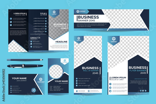 Elegant Abstract Blue Business Stationery Template set for Company Brand. Trifold brochure, Web banner, Roll up banner, Flyer, Business Card, Name Card, Id. Corporate printable layout with CMYK design