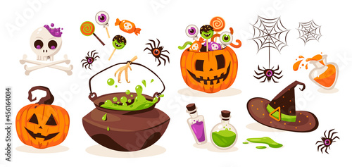 A set of Halloween elements: pumpkins, candy, potion vat, potion, spiders, spider web, witch hat, skull, bones. Suitable for scrapbooking, greeting card, party invitation, poster, tag, sticker set.