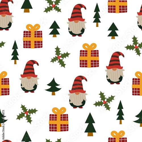 holiday Seamless pattern with cartoon gnomes  present  tree   decor elements. colorful vector for kids  flat style. hand drawing. Baby design for fabric  textile  print  wrapper.