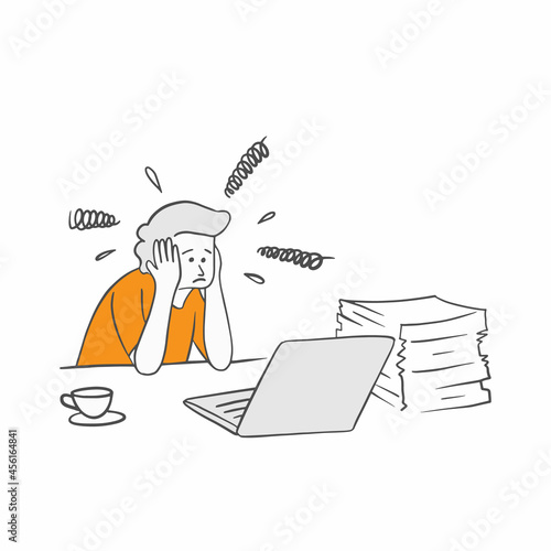worker businessman stress at work illustration with hand drawn sketch doodle style