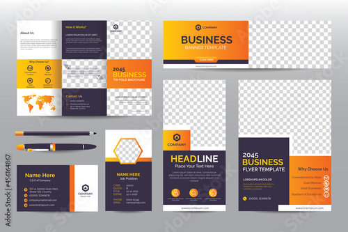 Elegant Black and Orange Business Stationery Template set for Company Brand. Trifold brochure, Web banner, Roll up banner, Flyer, Business Card, Name Card, Id. Corporate printable layout with CMYK des