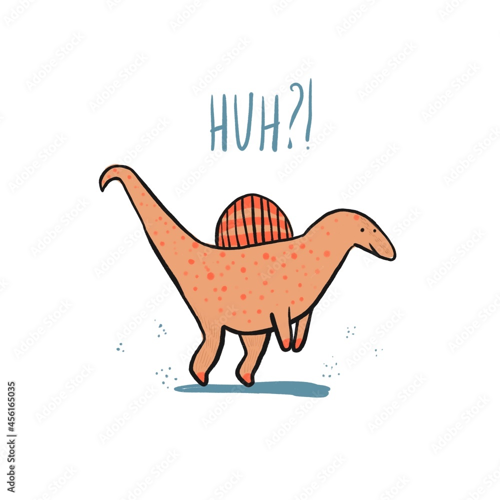 Fototapeta premium Cute sketch hand drawn orange color spinosaurus illustration. Bright cartoon childish funny dinosaur for kids print design, textile decoration, greeting cards, dino stickers, logo