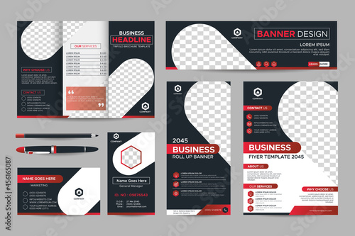 Elegant Black and Red Business Stationery Template set for Company Brand. Trifold brochure, Web banner, Roll up banner, Flyer, Business Card, Name Card, Id. Corporate printable layout with CMYK design
