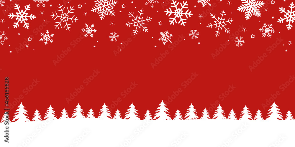 red winter background with fir border and snow