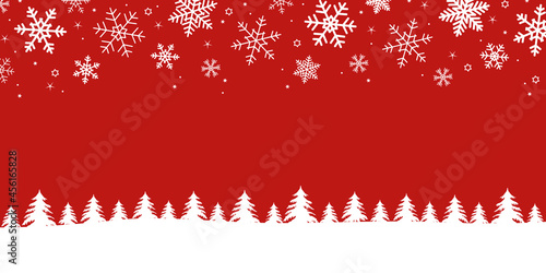 red winter background with fir border and snow
