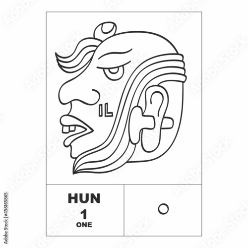 Vector icon with Mayan numerals. Mayan head glyph Hun and maya symbol number one