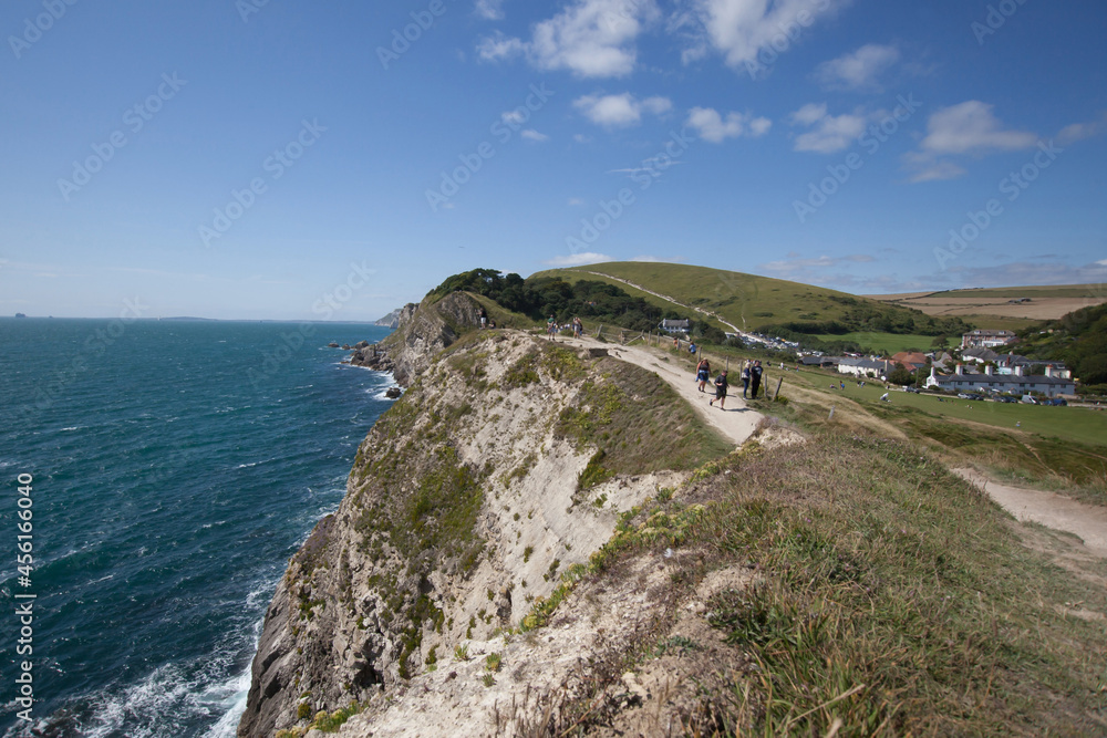 Views of the top of the cliffs at Lulworth Cove in Dorset in the UK